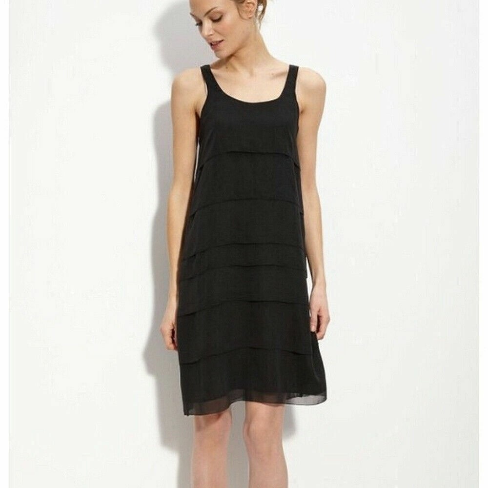 Eileen Fisher Black Silk‎ Tiered Midi Dress M Sleeveless Flowy Scoop Neck